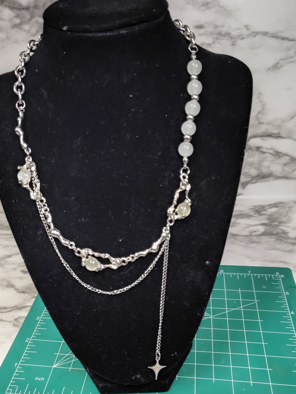 Silver Multi-Chain Necklace with Pale  Beads